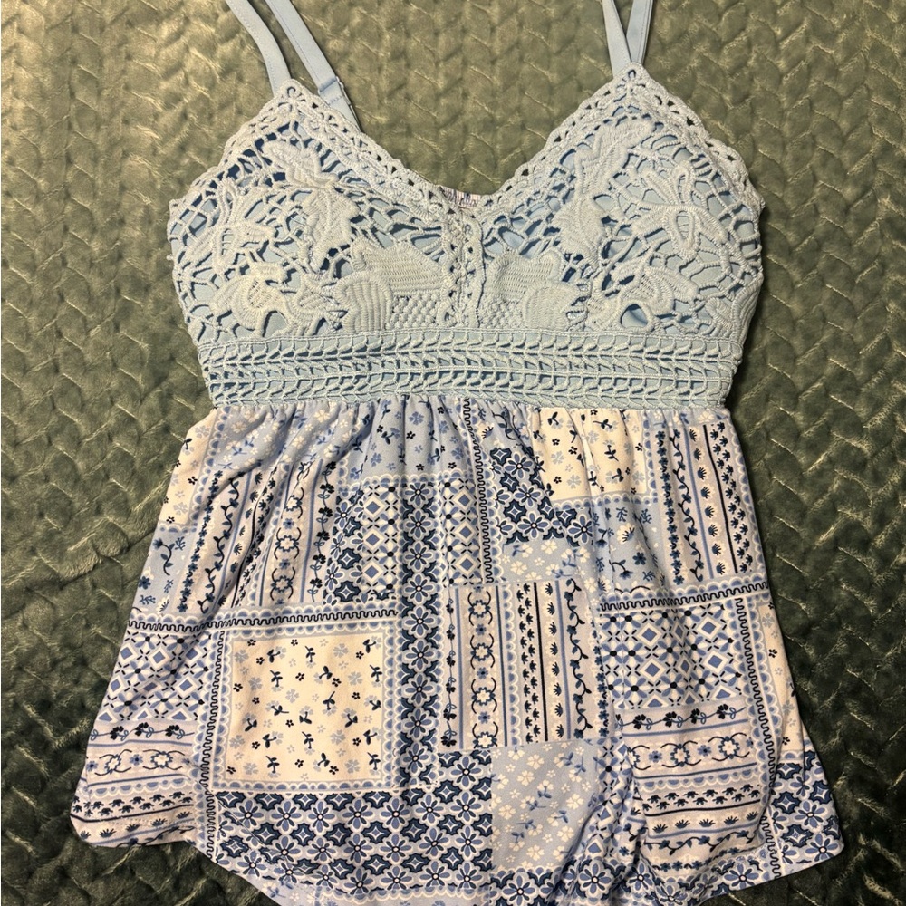 Women's Blue Lace Patchwork Top